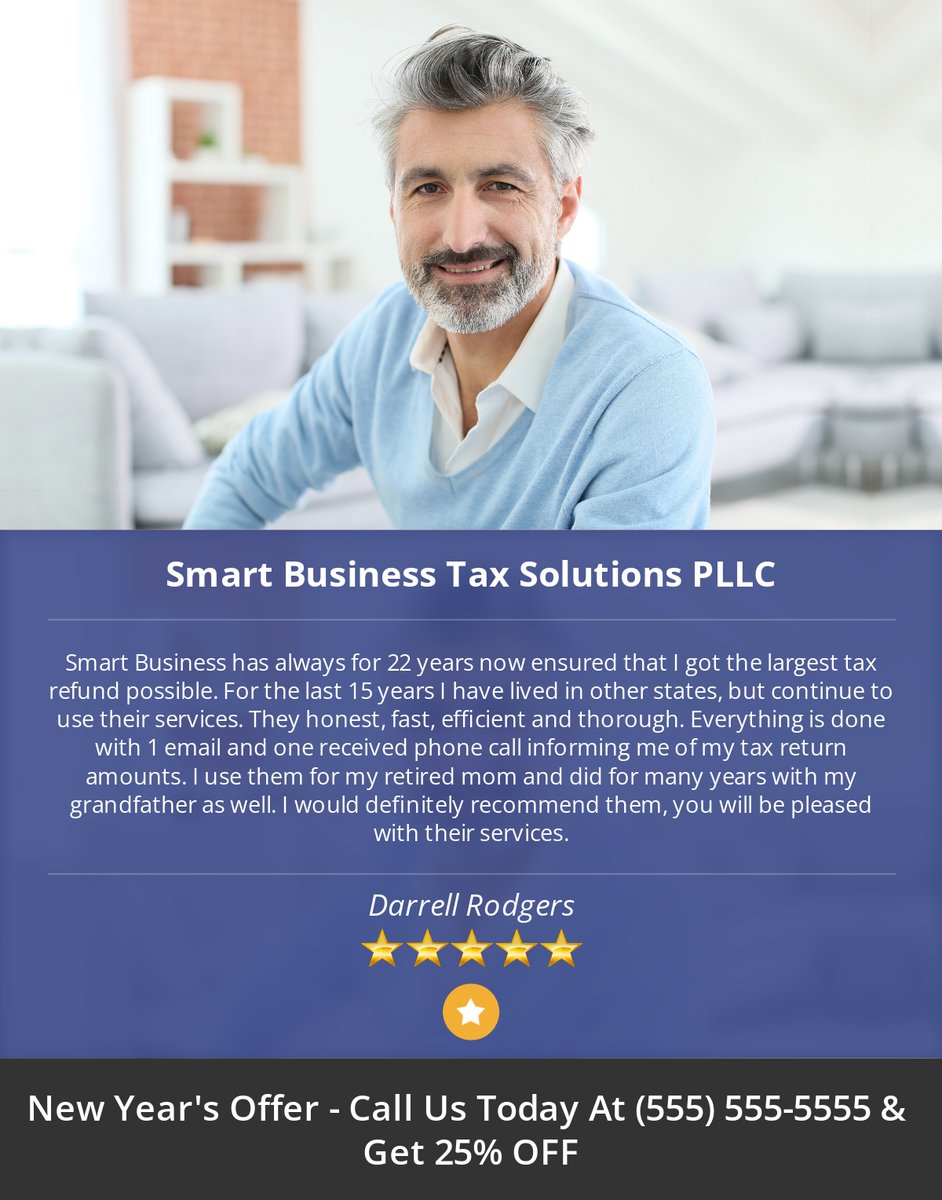 taxpros's tweet photo. 5 Star: Darrell R. "Smart Business has always for 22 years now ensured that I got the largest tax refund possible.  For the last 15..." https://t.co/AGXAp78bgm
