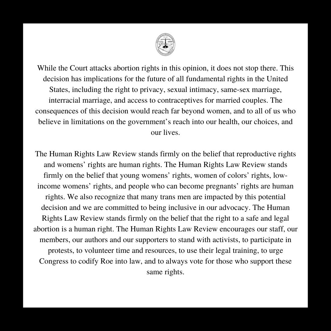 ColumbiaHRLR's tweet photo. HRLR & A JLM continue to stand firmly with #ReproductiveJustice advocates and those who would be impacted if #RoeVWade is overturned. We share our statement here on the #DraftOpinion. https://t.co/5UO5a5UPQH