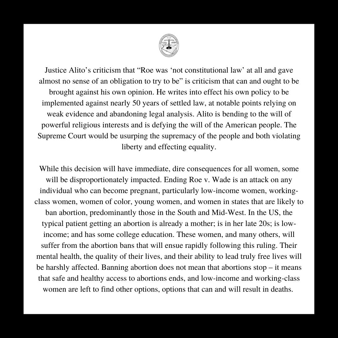 ColumbiaHRLR's tweet photo. HRLR & A JLM continue to stand firmly with #ReproductiveJustice advocates and those who would be impacted if #RoeVWade is overturned. We share our statement here on the #DraftOpinion. https://t.co/5UO5a5UPQH