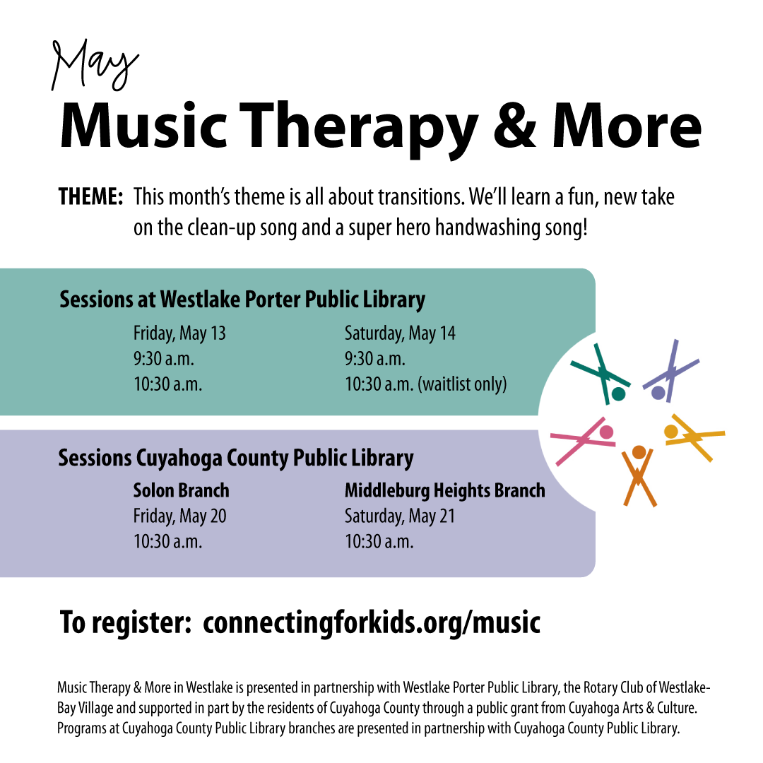 ConnectforKids's tweet photo. May Music Therapy & More sessions are here! Register online at https://t.co/DoyJ2H6dE2 #MusicTherapy #ThisIsCAC @WestlakePorter @CuyArtsC @CuyahogaLib https://t.co/wBoCv3fpYX