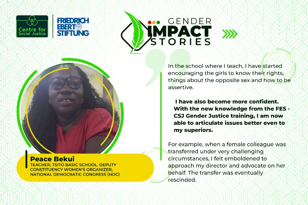 Peace Bekui is a Professional Teacher at Tsito Basic School. We share with you her story and experiences after the FES/CSJ Gender Training.