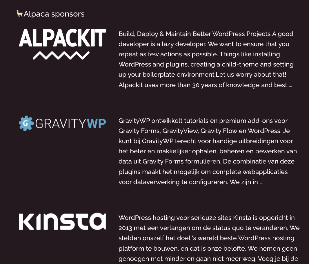 Alpackit (@use_alpackit) on Twitter photo Moment of pride: we're sponsoring <a href="/WordCampNL/">WordCamp Nederland</a> and the sponsor-tier is aptly named as well! 🦙
See you there! Moment of pride: we're sponsoring <a href="/WordCampNL/">WordCamp Nederland</a> and the sponsor-tier is aptly named as well! 🦙
See you there!
