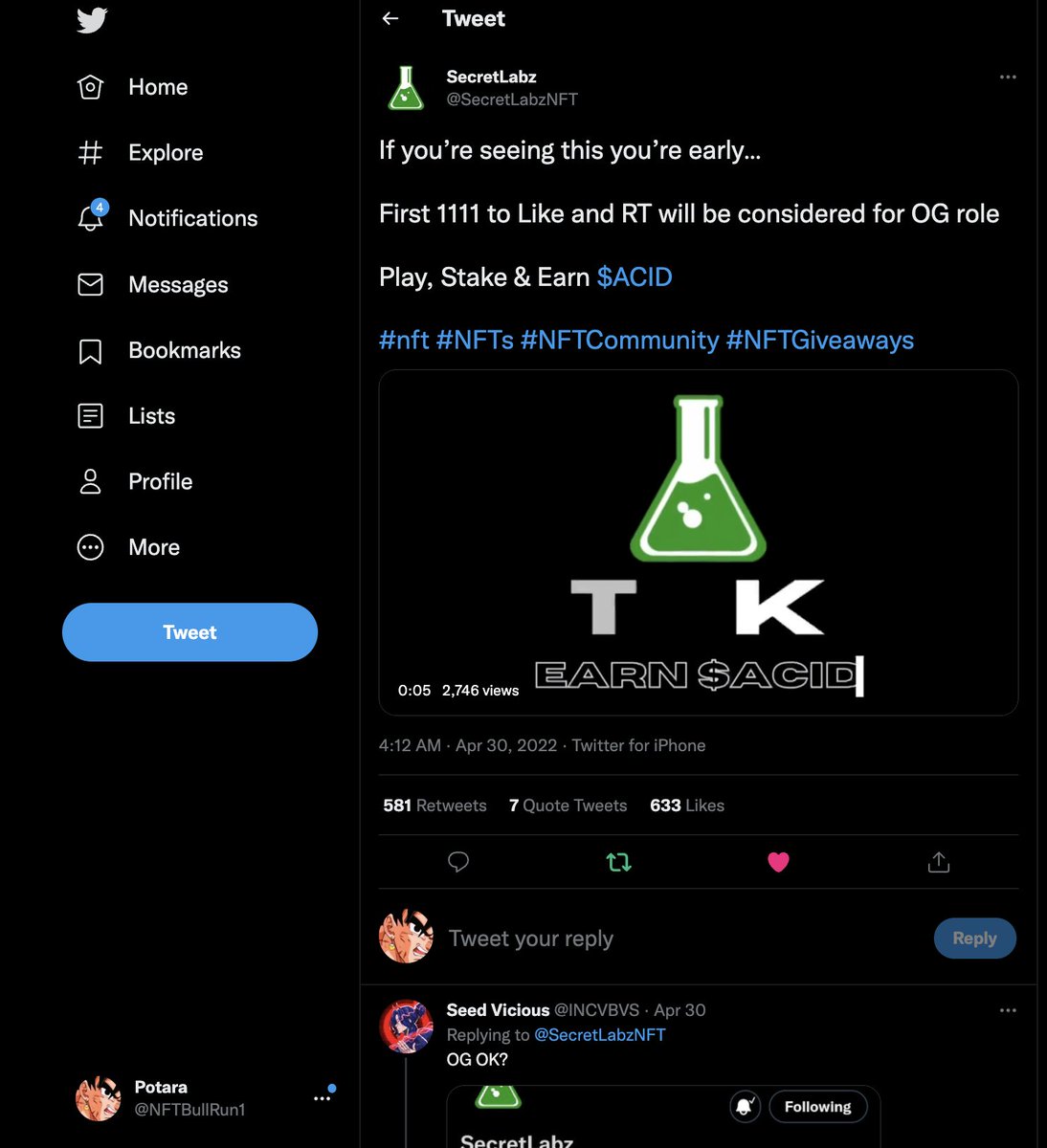 NFTBullRun1's tweet photo. @SecretLabzNFT Gimme that $ACID! ;) https://t.co/bXkhblljlQ