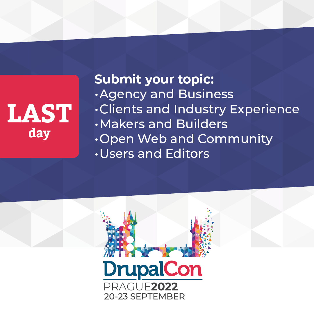 DrupalConEur's tweet photo. The extended #DrupalConPrague submission deadline ends at 23h59 CEST today!
Proposals especially for the Users &amp; Editors and Clients &amp; Industry tracks are welcome.
Share your ideas at https://t.co/LFQZ9Rsx0B https://t.co/uSbwlUSW5F