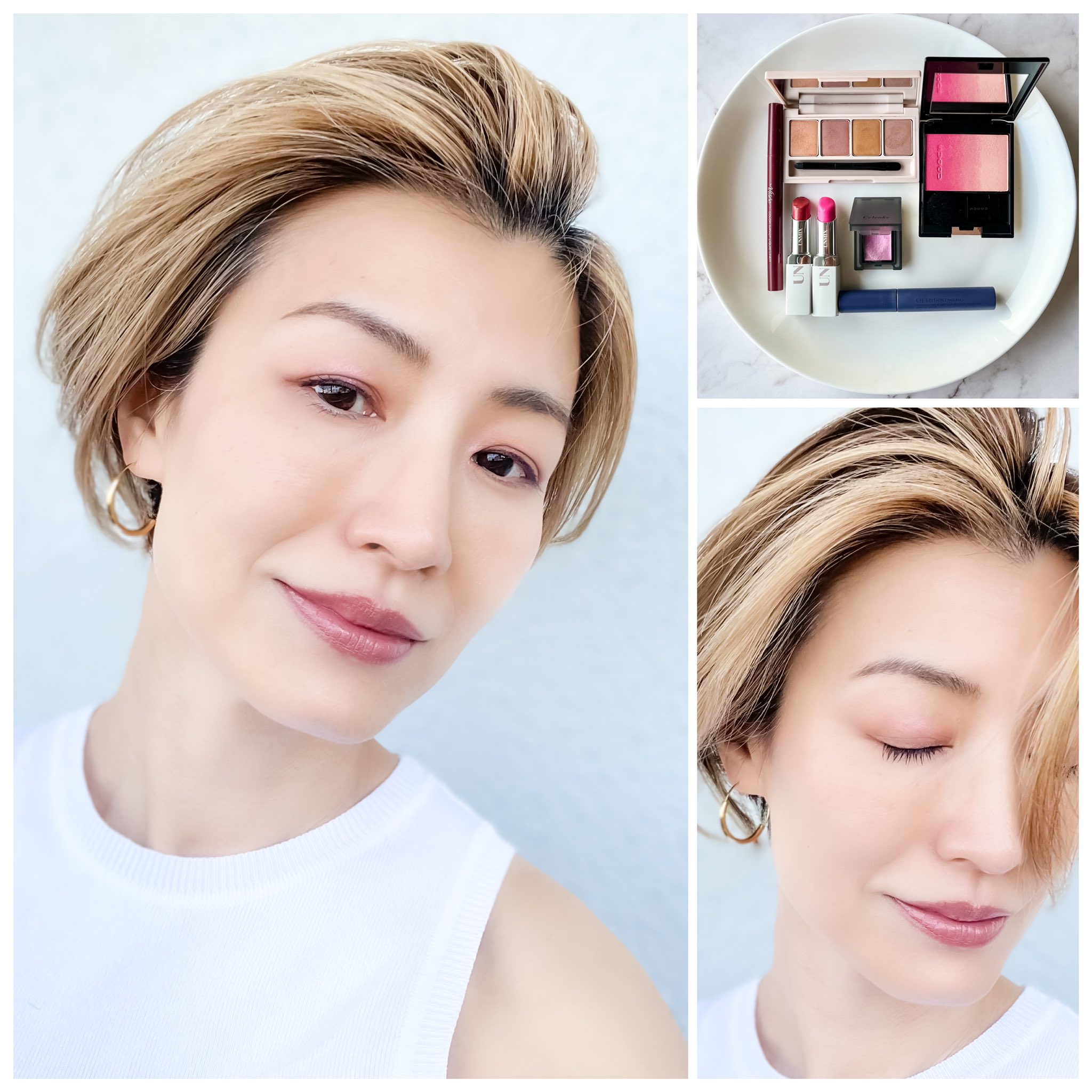 はすみる 目元が彫り深くなると 相対的に鼻が高く見える Fujiko 足しパレ01彫り深ウォームのピンクを瞼 オレンジを下瞼 ブラウンを目の際 筆に残った分を眉下 Celvoke ヴォランタリーアイズex14を瞼中央 Suqqu ブラッシュ130紅貝染 Unmix ピュア