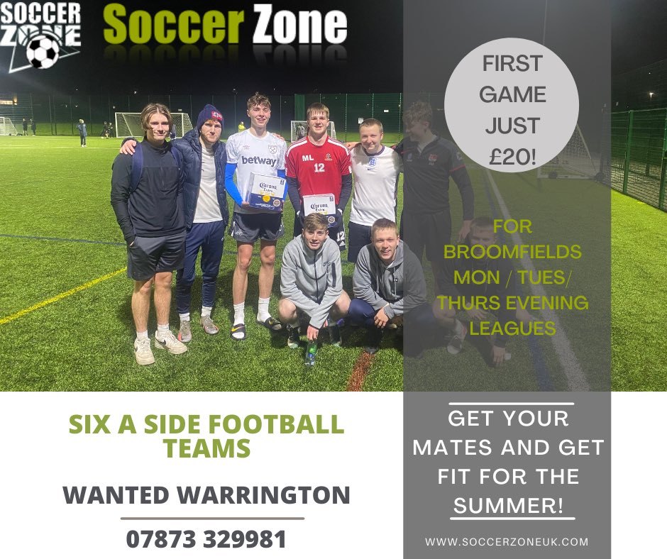🚨 6 aside teams wanted for Broomies Mon / Tues /Thurs leagues, first game just £2️⃣0️⃣ ‼️⚽️

Low cost match fees 💷
New 4G pitch ⚽️

➡️ soccerzoneuk.com
☎️ 07873 329981
📧 soccerzoneuk1@gmail.com

#soccerzoneuk #football #warrington #6aside  #soccer
