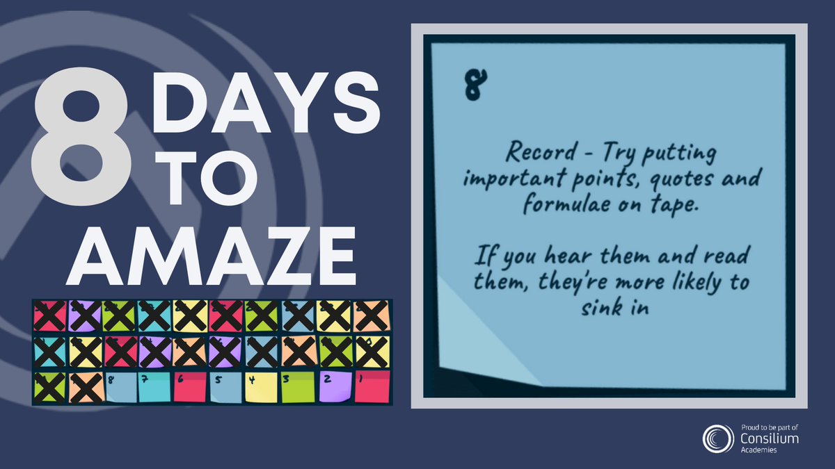 MoorsideHigh's tweet image. 8 Days to Amaze!

Record important points and quotes then listen back to them, or listen to revision podcasts on GCSEPod - information is more likely to sink in if you listen to it! #TeamMoorside #WeCARE