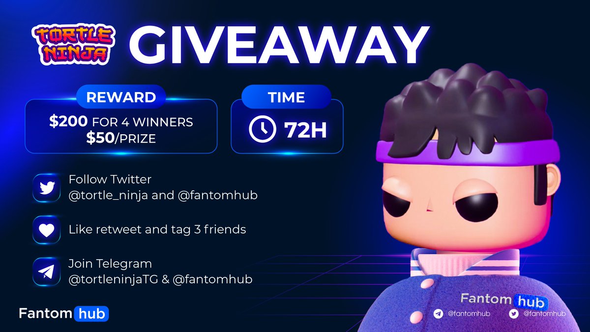 GIVEAWAY: Tortle Ninja x FantomHub 🚀

⏰ Duration: 72H
🎁 Total Reward: $200 for 4 winners, $50 each.

✅ Terms:
- Follow @tortle_ninja &amp; @FantomHub 
- Join t.me/tortlenews
- Join t.me/fantomhub_chat
- Like &amp; RT and Tag 3 friends 🤝

#Fantom #Giveaway #NFTGiveaway