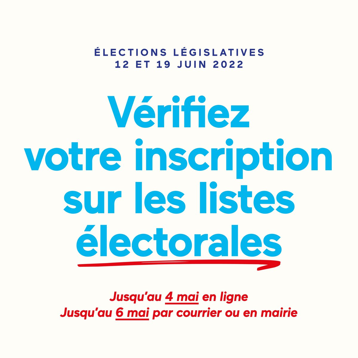 MoDem's tweet photo. 🗳️ C’est le dernier jour pour vous inscrire en ligne sur les listes électorales !

📌 Vérifiez votre inscription pour pouvoir voter aux élections #législatives2022 les 12 et 19 juin prochains 👉 https://t.co/b4L1I4mmAE https://t.co/aEpPfY9IcW
