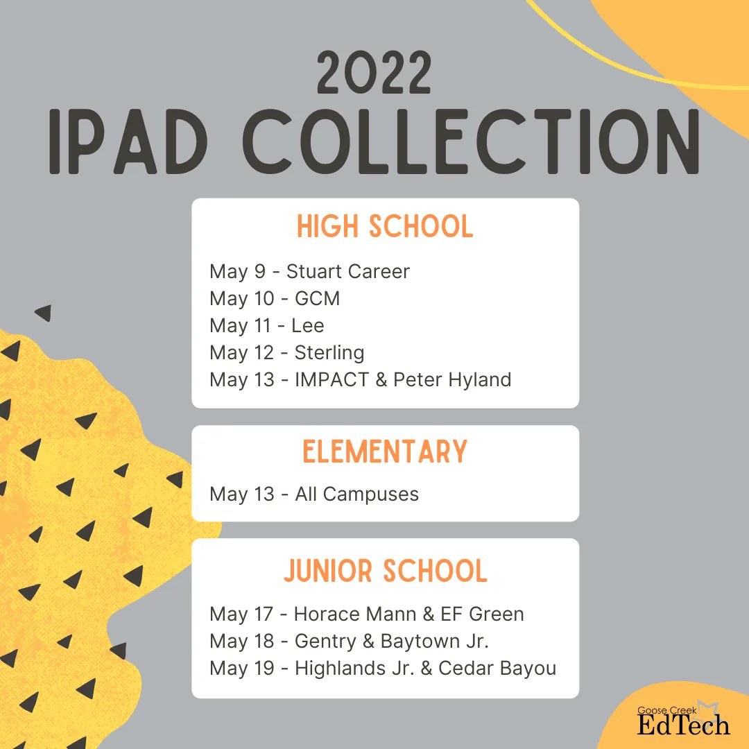 gccisd_edtech's tweet image. 🚨Attention GCCISD students and families🚨
iPad Collection begins NEXT WEEK!
Bring your iPad with case, charger, & cable for collection on your designated day. If you were assigned a Hotspot from GCCISD, those will also be collected.
@gccisd #gccisd #gcGIANTS #gccisdEdTech