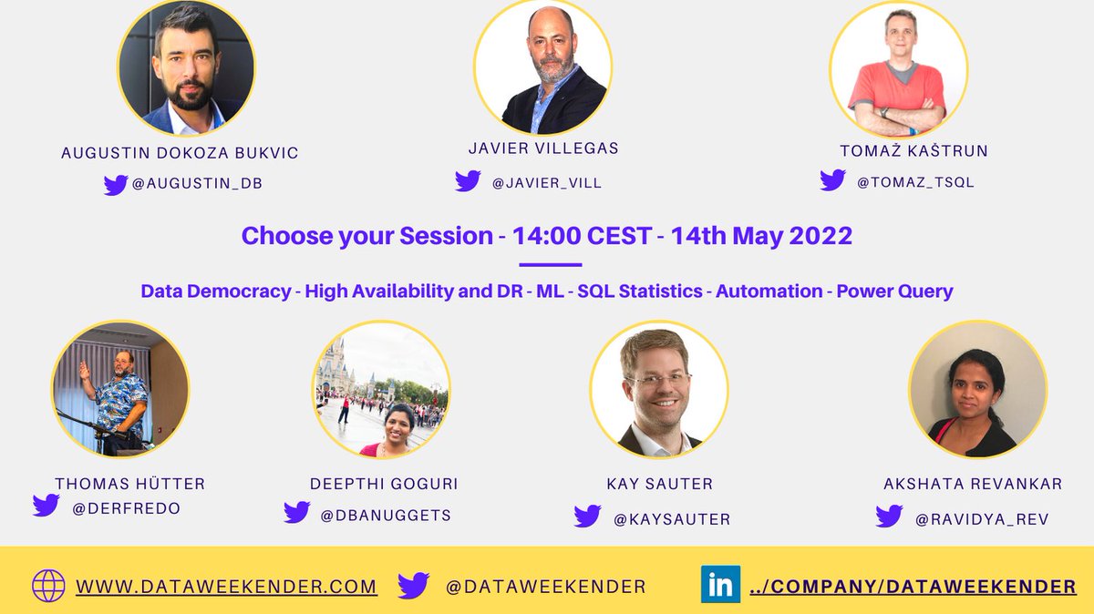 Meet our 14:00 CEST speakers. Check our full schedule on dataweekender.com/schedule and sign up to attend #DataWeekender CU5. <a href="/KaySauter/">Kay Sauter (he/him)</a> <a href="/dbanuggets/">Deepthi</a> <a href="/tomaz_tsql/">Tomaz Kastrun (tomaz@fosstodon.org)</a> <a href="/Augustin_DB/">Augustin Dokoza Bukvic</a> <a href="/ravidya_rev/">Akshata Revankar</a> <a href="/DerFredo/">Thomas Hütter • 💻</a> <a href="/javier_vill/">Javier Villegas</a>