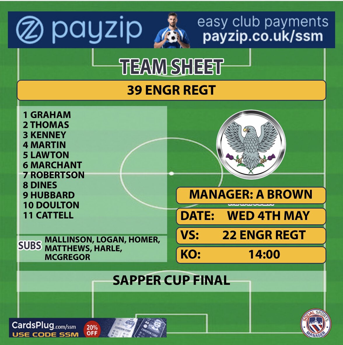 Kinloss_Sappers's tweet photo. Sapper Cup Final Team News 🏆
Hard work beats talent, if talent doesn’t work hard 💪 🥵 🦅
#kinloss #sappers #kinlosssappers #sapperfootball #royalengineers #ForcesMutual #prontoimages #gmsportanalysis #karlskitbag #playerdata https://t.co/HqKDp84bPb
