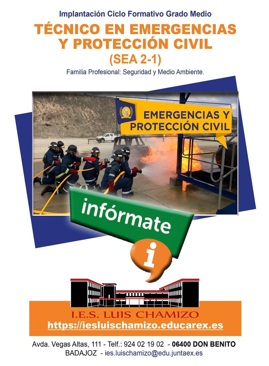 IesChamizo's tweet photo. ¿No tienes claro tu futuro?
El IES Luis Chamizo oferta un Ciclo Formativo de Grado Medio de nueva creación para el curso 2022/2023: TÉCNICO EN EMERGENCIAS Y PROTECCIÓN CIVIL (SEA-2-1).
No dejes pasar esta oportunidad.
Periodo de solicitudes: del 27 de mayo al 27 de junio. https://t.co/JGSAfOfLjk