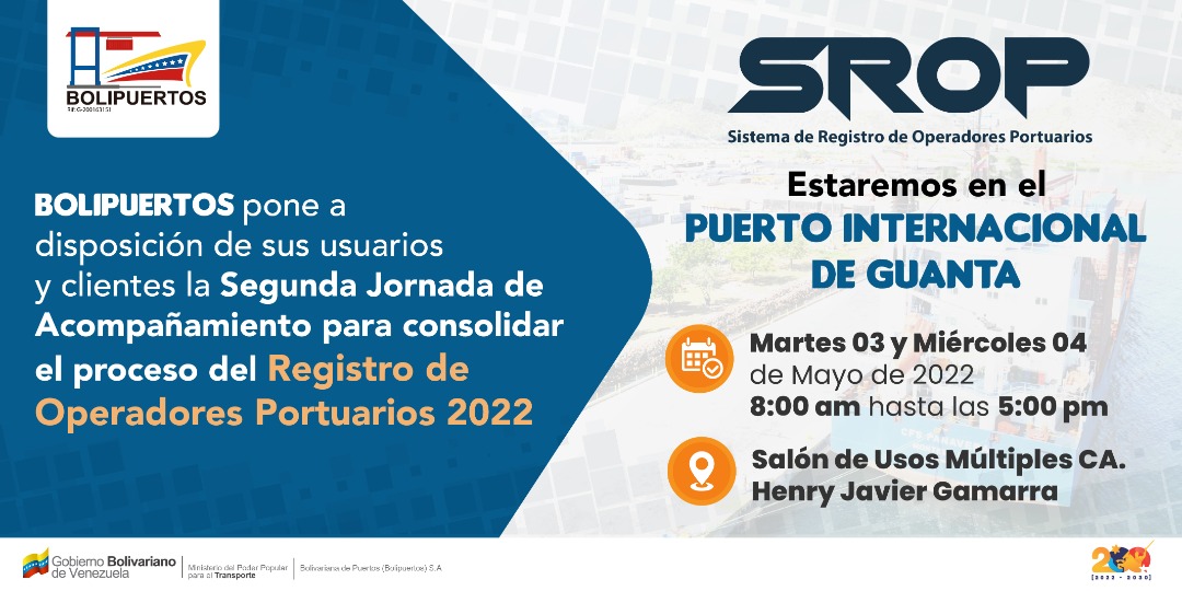 📌 ALERTA 📌 Este #04Mayo continúa la Jornada de Acompañamiento a nuestros Operadores Portuarios, usuarios y clientes del Puerto de Guanta 👉 Asiste y recibe toda la información sobre el #SROP 2022 🗣 #Miércoles @TransporteGobVe <a href="/IrwinAscanio/">Irwin Ascanio</a>