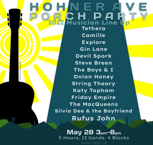 Mark your calendars. The 2022 line up for the Hohner Ave Porch Party is out!
#HAPP #kwmusic #KWmusicscene #Kitchener #lovemyhood #music @CentralFred