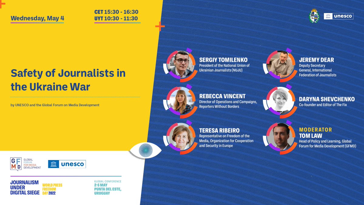 UNESCO Now (@unesconow) on Twitter photo 3.30 PM🔴Session on challenges facing journalists in the #Ukraine️ war
🔹This will be a space for discussion on the current issues facing journalists in Ukraine, in their work of informing the public of the realities of war
🔹Don't miss it!👉bit.ly/3vR3RV6
<a href="/unescomvdo/">UNESCO Montevideo 🏛</a> 3.30 PM🔴Session on challenges facing journalists in the #Ukraine️ war
🔹This will be a space for discussion on the current issues facing journalists in Ukraine, in their work of informing the public of the realities of war
🔹Don't miss it!👉bit.ly/3vR3RV6
<a href="/unescomvdo/">UNESCO Montevideo 🏛</a>