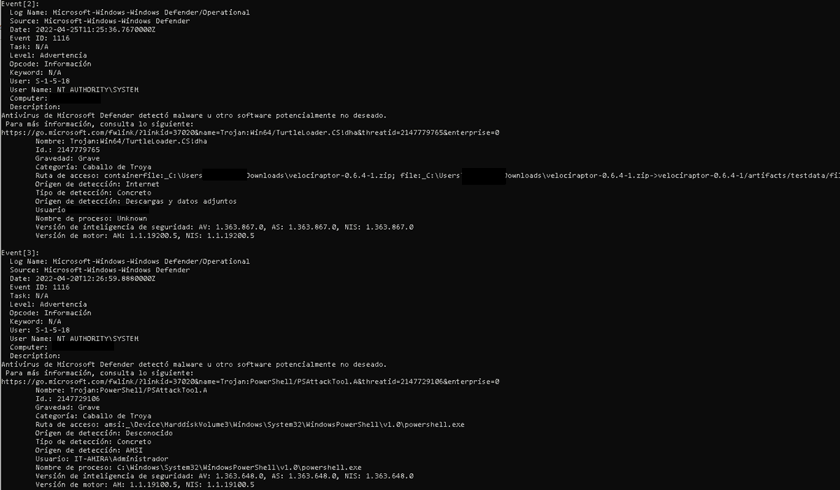 seguridadyredes's tweet photo. #wevtutil qe "Microsoft-windows-Windows Defender/Operational" /q:"*[System[(EventID=1116)]]" /f:text /rd:true https://t.co/6yempOC4sk