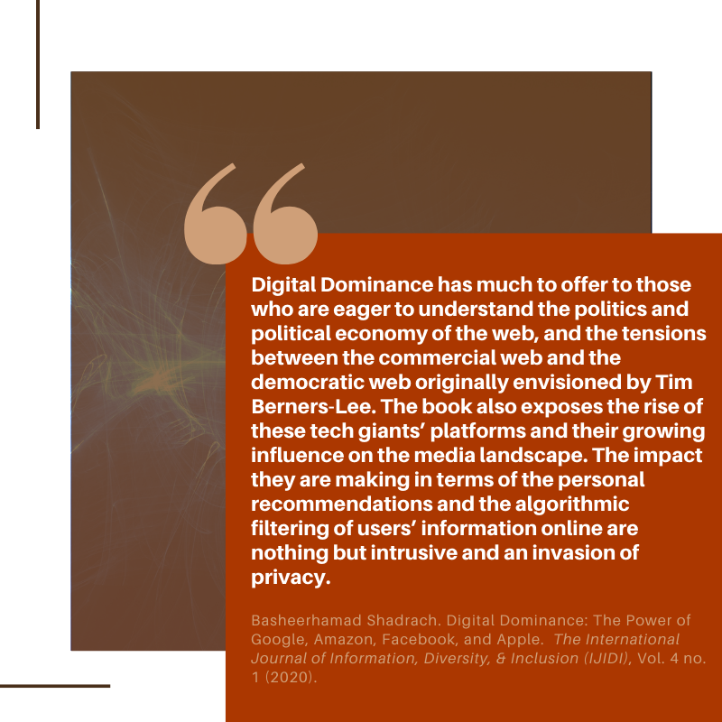 IJIDI1's tweet photo. Basheerhamad Shadrach reviews "Digital Dominance: The Power of Google, Amazon, Facebook, and Apple" edited by Moore & Tambini #DigitalInfrastructure #InformationAndCommunicationTechnology #NewMedia #SocialMediaPlatforms #Internet #BookReview https://t.co/RM2rpYDpLZ https://t.co/oakbSVJQaX