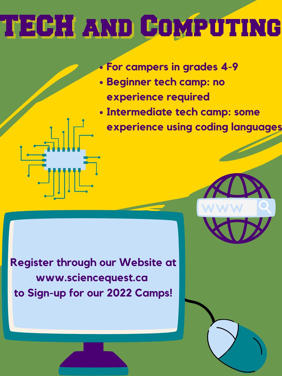 ScienceQuestQ's tweet photo. Science Quest’s Tech &amp; Computing camp is perfect for campers in grades 4-9! The two different levels, beginner and intermediate, will be available depending on demand. We will tailor the curriculum to those who sign up. https://t.co/paP1wrdsiZ
