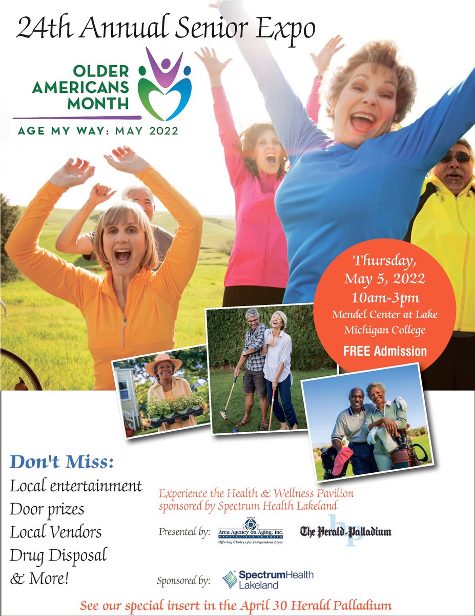 CampusAging's tweet photo. Join us tomorrow for the 24th annual Senior Expo brought to you by Region IV Area Agency on Aging and @HeraldPalladium. Thank you to our sponsor @SHLakeland who will have their health pavilion set up all day fro 10-3. This event is free and open to everyone. https://t.co/p9tFFZCjfm