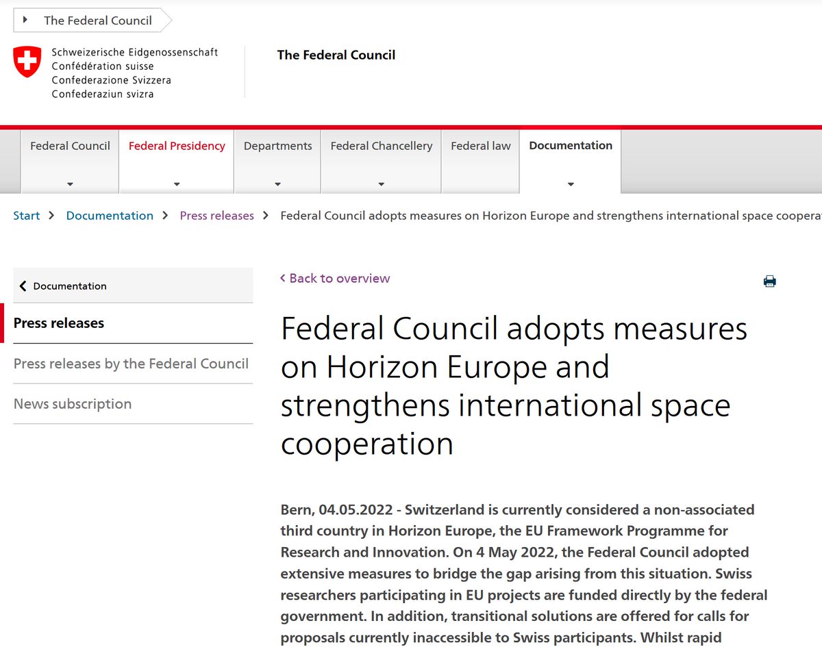 Today's press release of Federal Council on measures on #HorizonEurope.

admin.ch/gov/en/start/d…