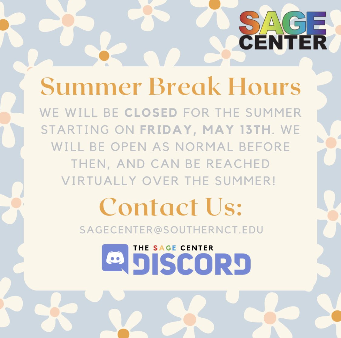scsusage's tweet image. We will be closed starting next Friday, May 13th. Until then, come stop by our office to hang out, study, or grab some snacks before or during finals week!