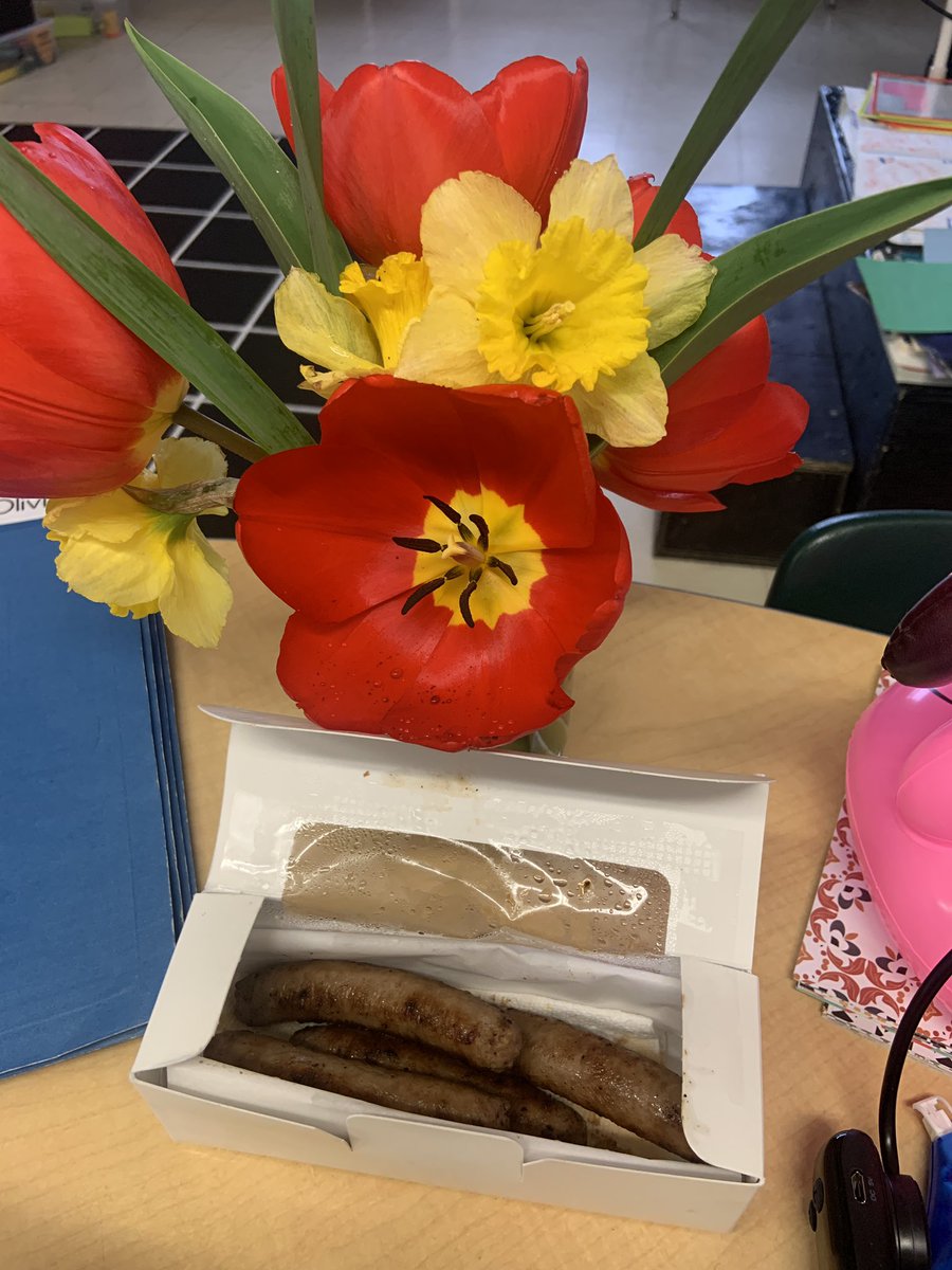 MissDiLibero's tweet photo. Rainy day blues… and then a student walks in with this for me.  Breakfast and flowers not a bad way to start the day! Thank you P! @McJMat #opps @orchardparkdsbn https://t.co/9Hhq0rrNkv
