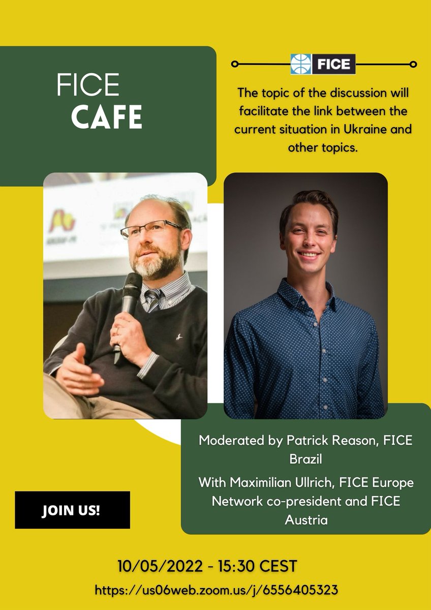 Without any further delay, we are very happy to invite you to the next new and improved FICE CAFÈ, which will take place on 10/05/2022, 15:30 CEST to 17:00 CEST.

Register: forms.gle/bD59heMCbJQp8r… 

Or just pop into the meeting: us06web.zoom.us/j/6556405323