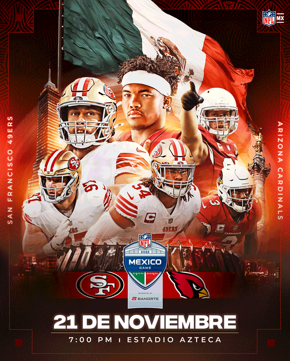 nflmx's tweet photo. Estadio Azteca➕@49ersESP➕ @AZCardenales = #MexicoGame 🏈🇲🇽🏟

¿Con quién van? 🔥🔥

Ojito con el registro para los boletos, que la venta arrancará en agosto ➡️ https://t.co/BiXYGRLaup

#NFLMX | @Banorte_mx https://t.co/h3XULYSRgn