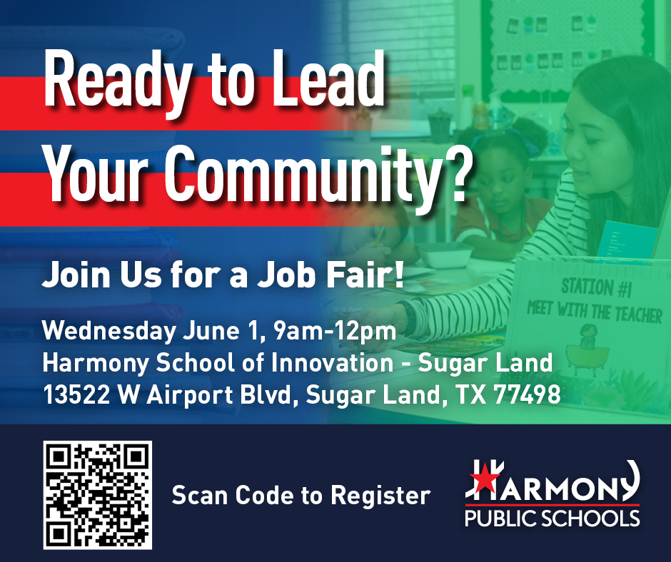 📅Mark your calendars for the next Harmony Public Schools Houston South &amp; West Districts Job Fair.

Wed. June 1
HPS - Sugar Land at 9AM - 12PM
13522 W Airport Blvd
Sugar Land, TX 77498
#HPS #HarmonyPublicSchools

ow.ly/Es1i50IZ4XU