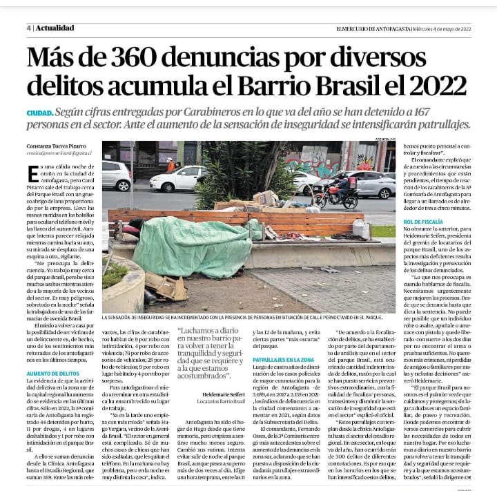 JuntaVecinosER's tweet photo. ➡️ "Más de 360 denuncias por diversos delitos acumula el Barrio Brasil el 2022. Según cifras entregadas por Carabineros en lo que va del año se han detenido 167 personas en el sector. Ante el aumento de sensación de inseguridad se intensifican pagrullajes". #Antofagasta https://t.co/FgOEn6oVFz