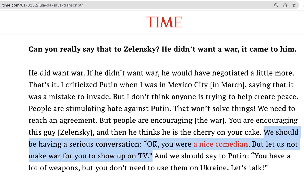 Absolutely shocking statement about Ukraine from @LulaOficial. This is the former President and likely next President of Brazil. What is going on over there? time.com/6172611/brazil…