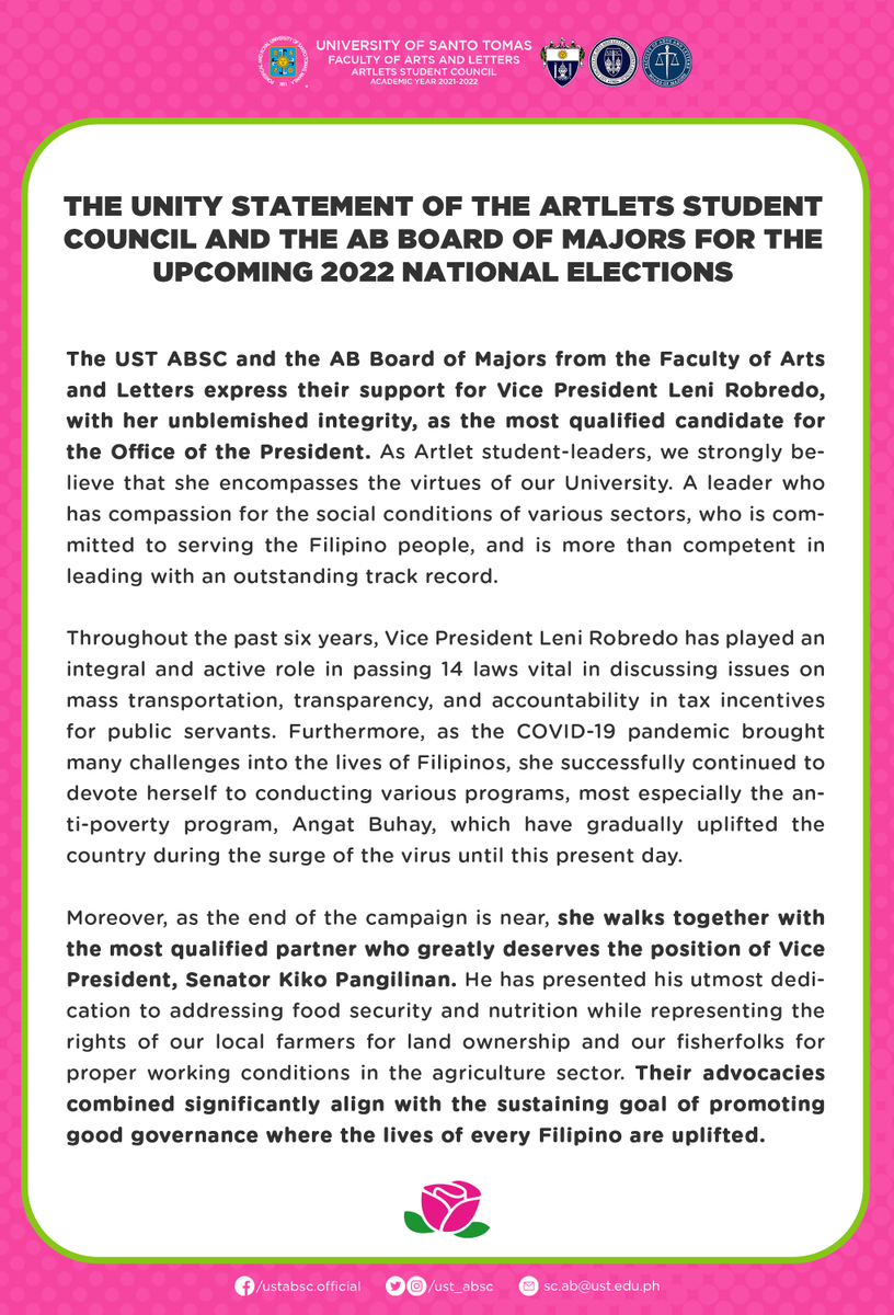 ust_absc's tweet photo. MUST READ: The UST Artlets Student Council and UST Board of Majors express their support for the candidacy of Vice President Maria Leonor “Leni” Robredo for Presidency and her running mate, Sen. Francis “Kiko” Pangilinan for Vice Presidency in the upcoming National Elections. https://t.co/ck79xP08Qz
