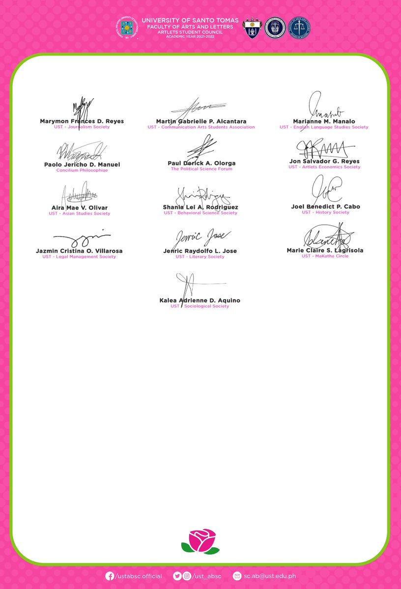 MUST READ: The UST Artlets Student Council and UST Board of Majors express their support for the candidacy of Vice President Maria Leonor “Leni” Robredo for Presidency and her running mate, Sen. Francis “Kiko” Pangilinan for Vice Presidency in the upcoming National Elections.