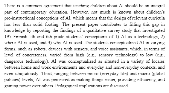 MertalaPekka's tweet photo. Kiinnostavatko alakouluikäisten oppilaiden käsitykset tekoälystä? Kiinnostavathan ne, joten tsekkaa ihmeessä pre-print -julkaisumme “A machine that thinks by itself”: Finnish 5th and 6th grade students’ conceptions of artificial intelligence

https://t.co/cMOJtY14z7 https://t.co/iKDCkZeuxN