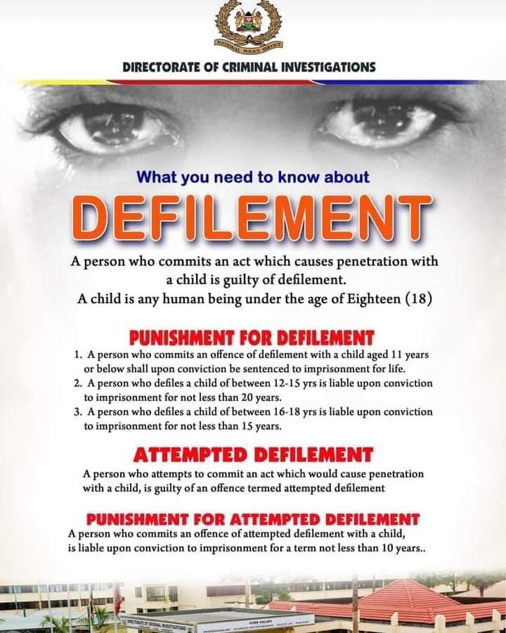 Understand this...#Defilment is to a Child while #Rape is to an Adult.
A Child is any human being Under the age of 18 years.
Read on: #EndSGBV #EndGBV #komeshadhulumazakijinsia
<a href="/ChildJusticeA/">African Council on Juvenile Justice (ACJJ)</a> <a href="/DCI_Kenya/">DCI KENYA</a> <a href="/NCCS_Ke/">National Council for Children's Services</a> <a href="/EduMinKenya/">Ministry of Education, Kenya (MoE)</a> <a href="/MTotoNews/">Mtoto News</a> @NACC_Kenya <a href="/NPSC_KE/">National Police Service Commission - Kenya</a> <a href="/NCAJ_KE/">NCAJ Kenya</a> <a href="/NACADAKenya/">NACADA Kenya</a>