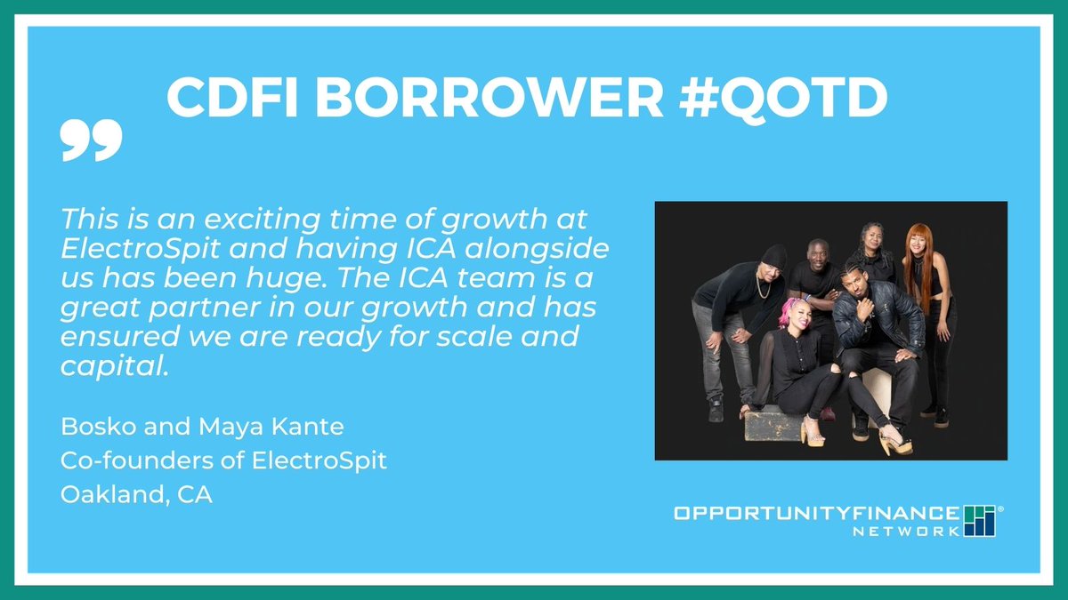 OppFinance's tweet photo. A #SmallBusinessWeek quote of the day from Bosko & Maya Kante, co-founders of @ElectroSpit in Oakland, CA. Learn how @ICAfund's equity investment in ElectroSpit is helping scale the business & create good jobs: https://t.co/gqjG1S0WRB #CDFIstory #QOTD #GrowWithGoogle @Googleorg https://t.co/S1vfnmfit4