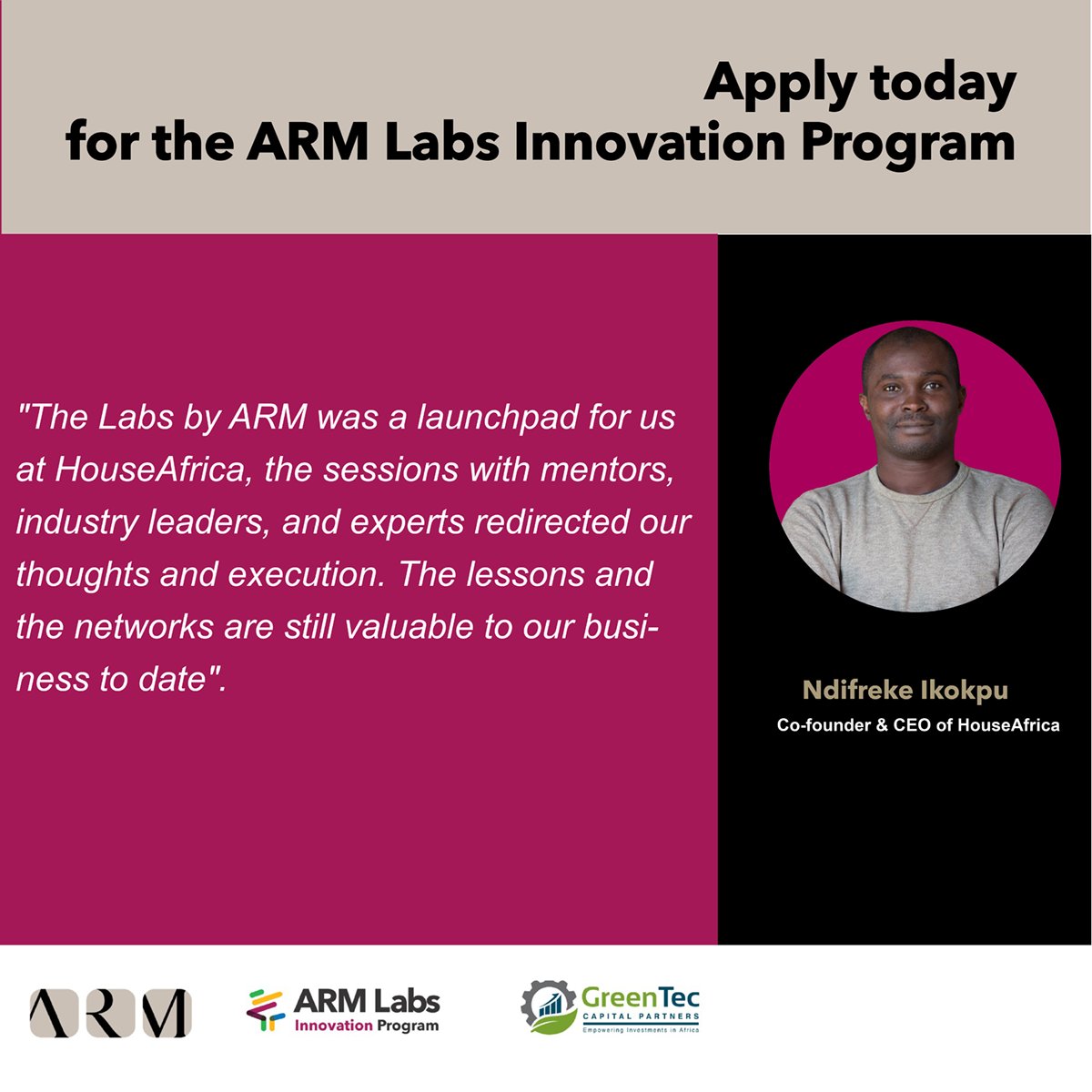 Apply today to grow your #startup with the <a href="/armengage/">ARM</a> Innovation Program  like @HouseAfrica1 and get: 7-week incubation program, Mentoring, Access to ARM's Alumni &amp; Investor networks, and $50,000 funding!
#Nigeria #fintech #fundingopportunities #startups
bit.ly/3LuYKjW