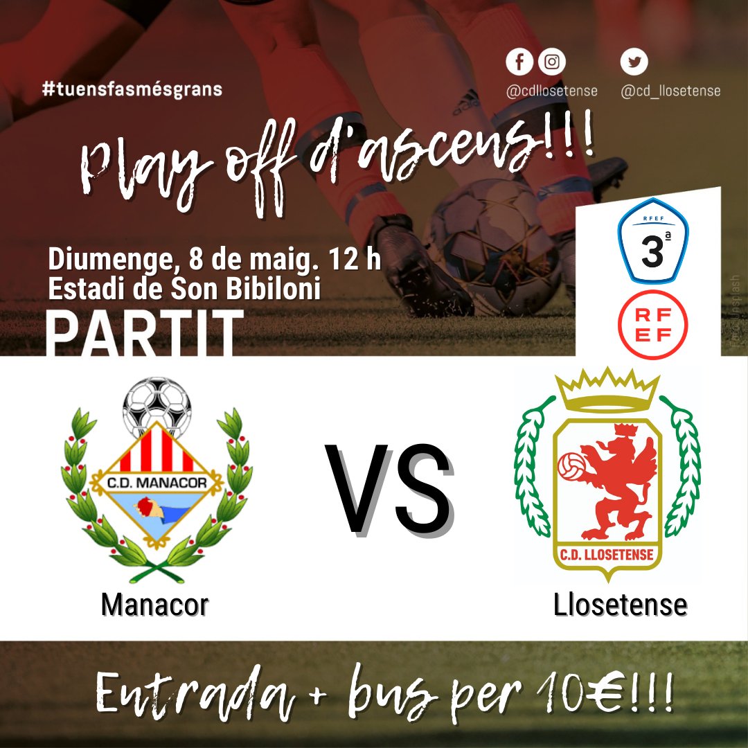 Diumenge hem de fer pinya. Disponibles les entrades pel play-off d'ascens.
🅔🅝🅣🅡🅐🅓🅔🅢:
10€ + bus (suport de l'Ajuntament) 
5€ jugadors i entrenadors de futbol base
🅟🅤🅝🅣🅢 🅓🅔 🅥🅔🅝🅓🅐
Bar Bestard, Sa Taverneta, Bar Altura, Bar Toni, Sa Coveta, Bar Camp de Futbol