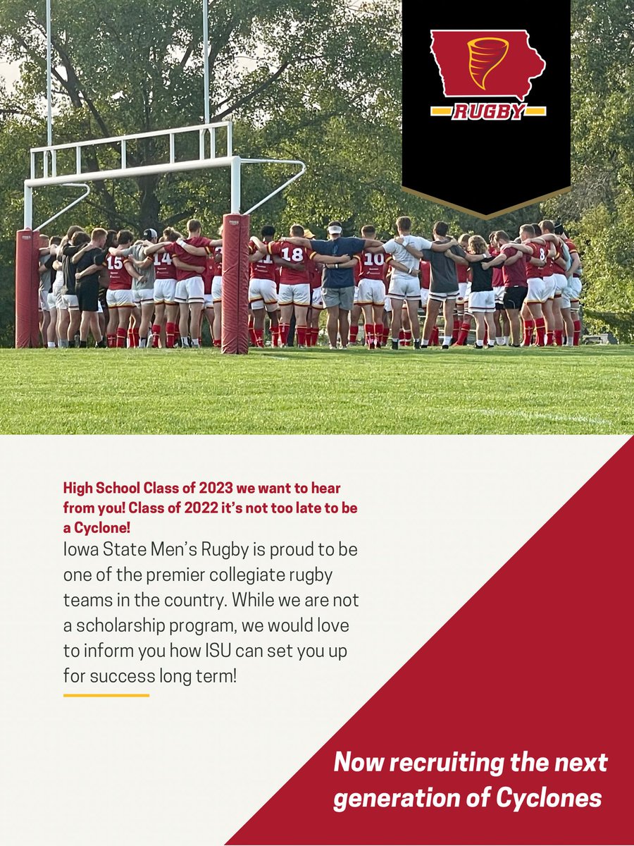 IowaStateRugby's tweet photo. 🚨🚨Attention HS Athletes 🚨🚨 If you are interested in being an Iowa State Cyclone and building on a 54 year legacy? The best way to get in touch with our program leaders is to fill out this two page survey. https://t.co/TRSeFOqhpF https://t.co/1OrQq8T4wH