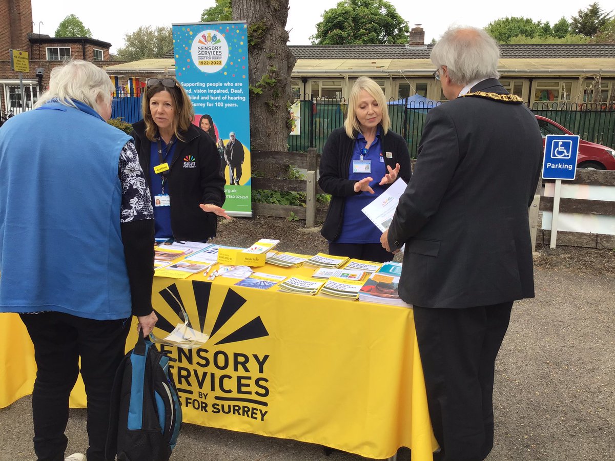 SightforSurrey's tweet photo. The sun is out for our open day, our sighted guide training has been very popular alongside our stalls&amp;Deaf awareness training, equality, diversity &amp;inclusion workshop &amp;Let’s talk tech session.Staff have been available&amp;we welcomed Chairman of @MoleValleyLC &amp;Mayor of @ElmbridgeLC https://t.co/iND2mqFpLe