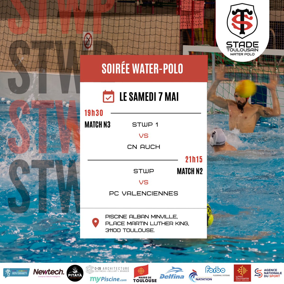 STWPolo's tweet photo. Ce samedi 7 mai c’est matchs à domicile pour le STWP !🔴⚫️
⏰ 19h30
N3 : STWP 1 🆚 CN Auch
⏰ 21h15
N2 : STWP 🆚 PC Valenciennes
📍 Piscine Alban Minville, Toulouse.
Les matchs seront transmis en direct sur l’application @ZeLive_Tv !📱🎥
#STWP #waterpolo #Live https://t.co/HOCw0SNzfr