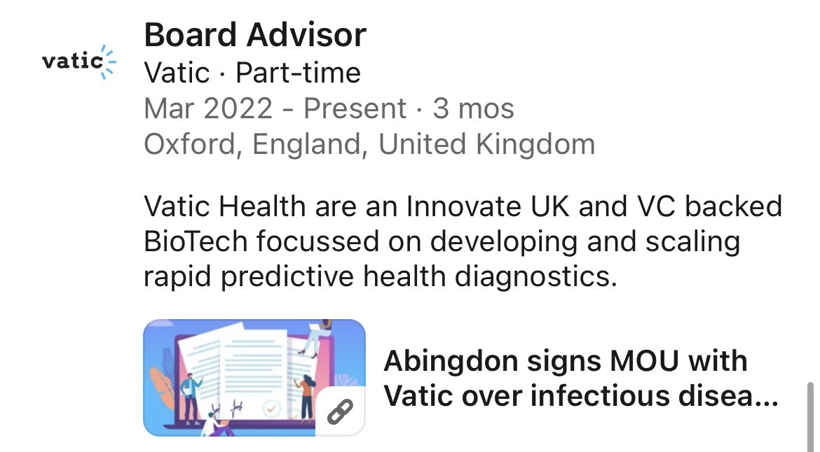 #ABDX

Away from the GLP and their farcical case in the High Court this week; Vatic have appointed a Board Advisor with a wealth of experience.

💯 FTSE 100 calibre 
🏥 NHS Test &amp; Trace experience
🔗 DHSC/UKSHA links
🇺🇸 FDA EUA on track
📈 ‘’Big things in the coming months’’