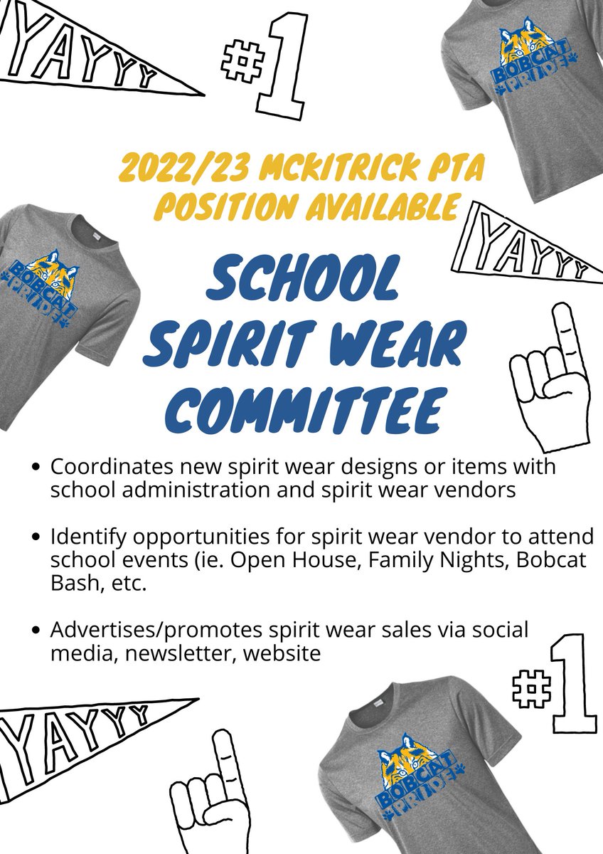 SEEKING 🔍 PTA SPIRIT WEAR COMMITTEE SUPPORT next school year!! Have a passion for fashion or school spirit ..this is a great opportunity for you to work with our vendors on creating new spirit wear designs for our Bobcat community.  Sign Up here forms.gle/nD4ncs1kK8dLbQ…