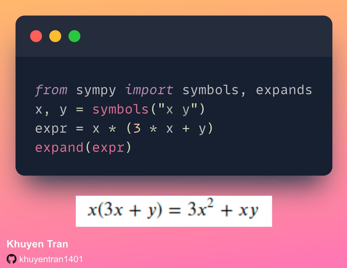 Have you ever wanted to work with equations using #Python? That is when SymPy comes in handy.

In the code below, I used SymPy to expand an equation.