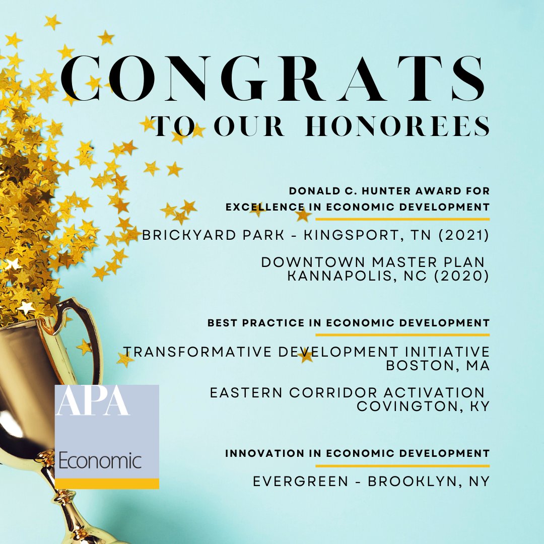 APAEconDev's tweet image. Congratulations to our @APAEconDev award winners this year at #NPC22. #awards #excellence #economicdevelopment #urbanplanning #awards2022
