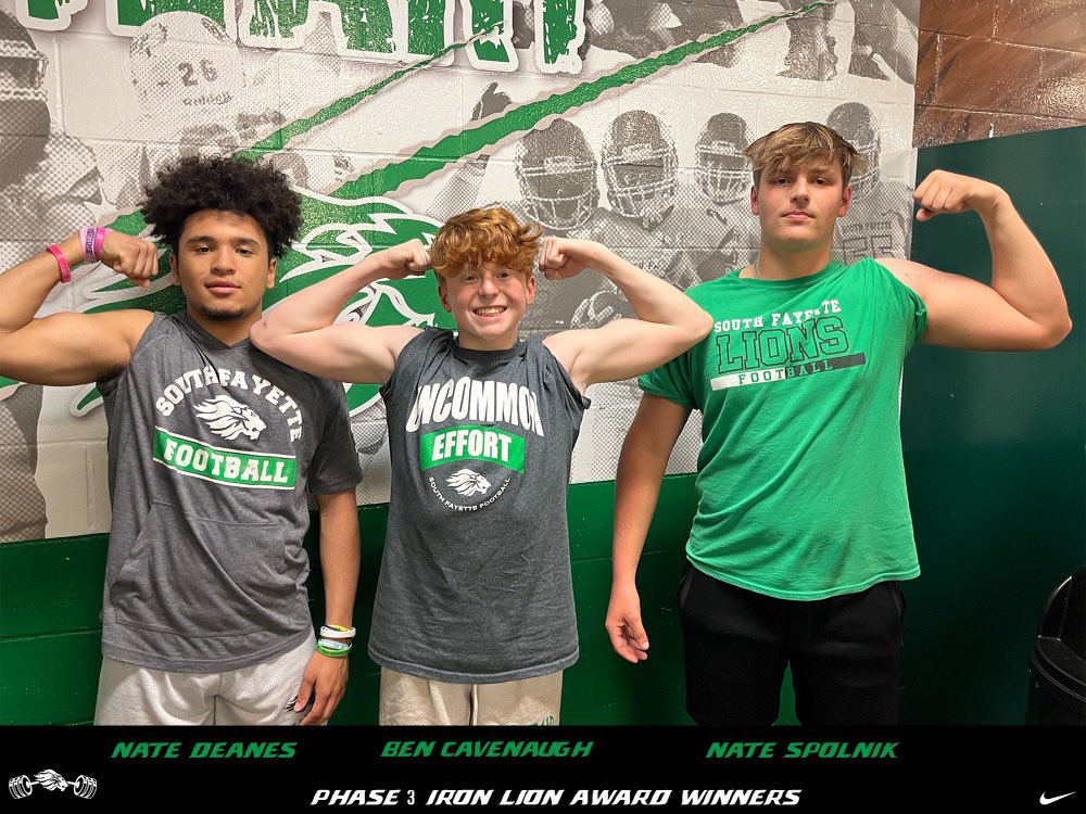 IRON LION AWARD WINNERS 🦁 💪 
Congrats to the following players <a href="/natedeanes_4/">Nate Deanes</a> <a href="/njspolnik/">Njspolnik_16</a> <a href="/bencavenaugh17/">Ben Cavenaugh</a> who dominated Phase 3. These three didn’t miss a session while continuing to add muscle and speed. 
#AllHeart💚🤍