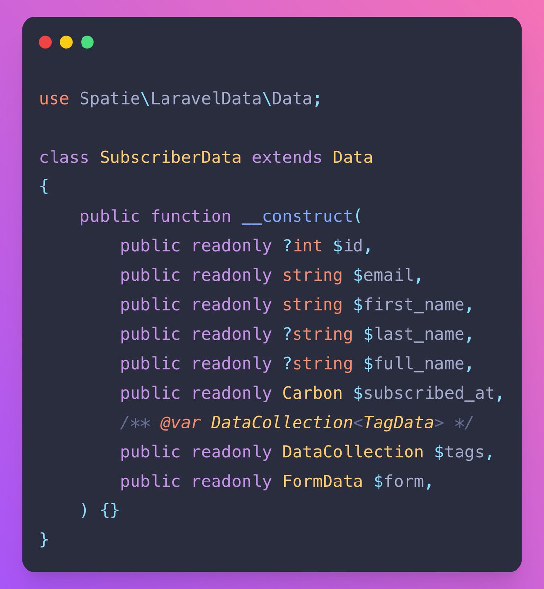 🔥With the laravel-data package by <a href="/Spatie/">Spatie</a> you can easily create DTO classes that can be used as:

- Request
- Response
- DTO

It also ships with nested properties, lazy loading, validation, and much more.

🧵Keep Reading