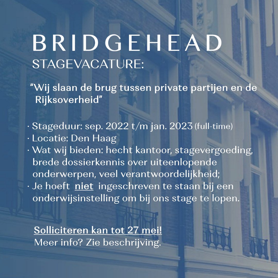 LCB_2023's tweet photo. Vanaf september zijn wij weer op zoek naar een nieuwe stagiair(e)! Kom jij ons team versterken? 

BridgeHead helpt private partijen al meer dan tien jaar om hun weg te vinden in de ingewikkelde wereld van de Rijksoverheid. 
Solliciteren kan t/m 27 mei via metteblom@bridgehead.nl! https://t.co/fsU76jYE3t