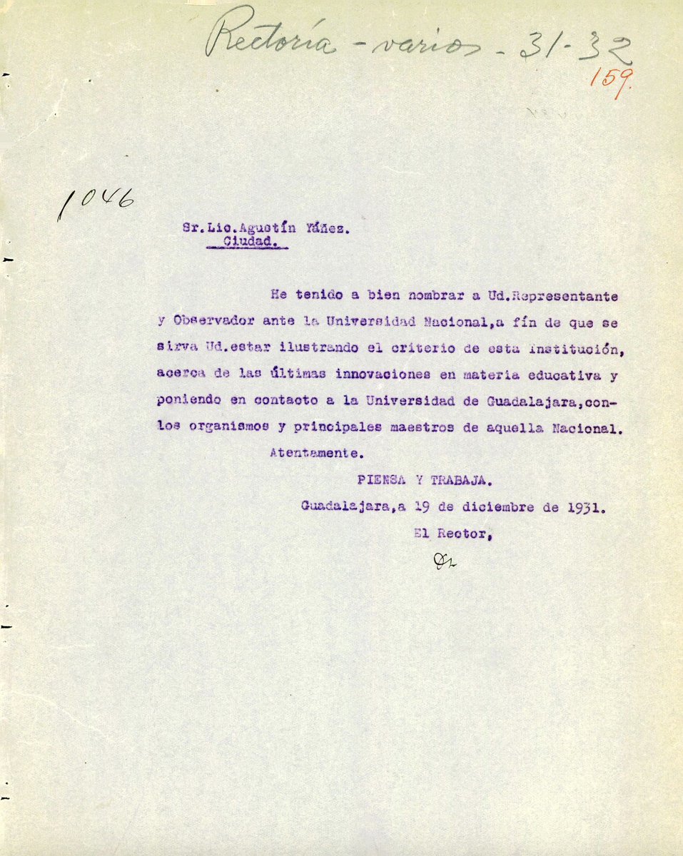patrimonioudeg's tweet photo. Un #4deMayo de 1904 nace Agustín Yañez, fue docente, Gobernador del estado de #Jalisco, secretario de Educación Pública y escritor, Hoy te compartimos del #RepositorioVirtual un documento en el que se le designa como representante de la @udg_oficial https://t.co/qbeIdTC6NN